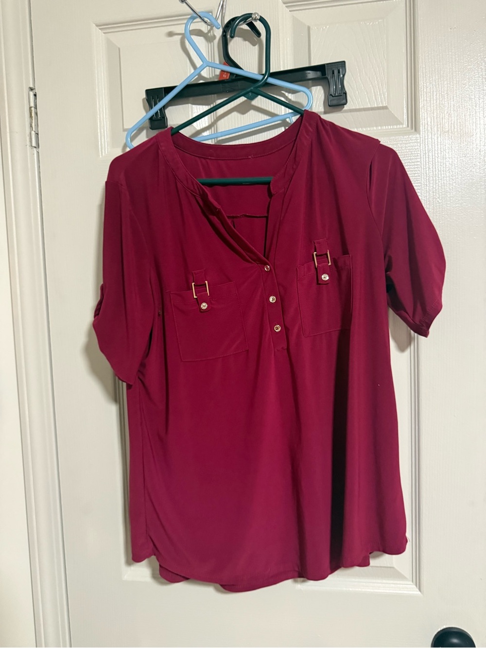 Women's Burgundy Short-Sleeve Henley Blouse